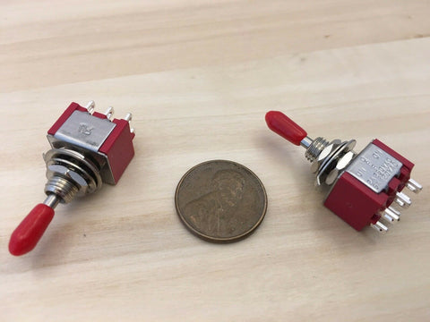 2 Sleeve RED cap Momentary Mini Toggle Switch (ON)-OFF-(ON) 6 pin 1/4 A5
