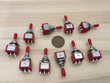 10 Sleeve RED cap Momentary Mini Toggle Switch (ON)-OFF-(ON) 6 pin 1/4 A5