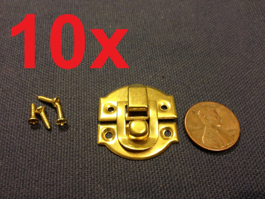 10 sets GOLD mini dollhouse Antique wood latch Sets Box Case Lock hinge small c6